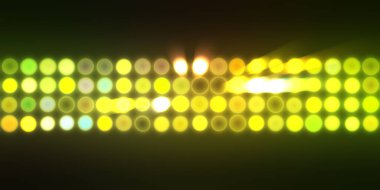 Parlak desenli duvar kağıdı. Sahne ışıkları olan renkli ışıkların ihtişamlı arkaplanı. Parlayan ışıklar siyah arka planda parti izleri. Sahne veya stadyum ışıklarının dijital illüstrasyonu. 