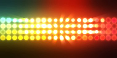 Parlak desenli duvar kağıdı. Sahne ışıkları olan renkli ışıkların ihtişamlı arkaplanı. Parlayan ışıklar siyah arka planda parti izleri. Sahne veya stadyum ışıklarının dijital illüstrasyonu. 