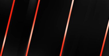 Metin için kopyalama alanı olan soyut siyah paneller. Üç boyutlu illüstrasyon. Renkli ışık özellikli koyu renk tasarım şablonu. Zarif geometrik parlak çizgili arka plan. Minimalist geometrik kapak grafiği.