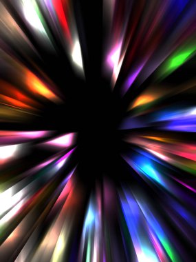 Siyah arkaplanda izole edilmiş dinamik ışık ışınları. Parlayan renkli ışık parçacıklarının grafiksel 2d çizimi.