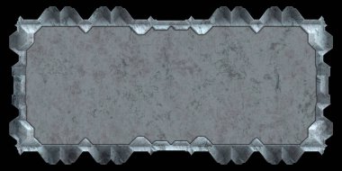 Gelecekçi tasarım şablonu. Metal paslı tabak menüsü. Teknoloji afişi beyaz arkaplanda izole edildi. Bilim kurgu elemanı grafiği. Metalik paslanmış 3 boyutlu illüstrasyon.  