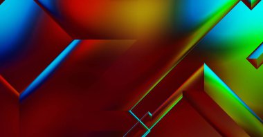 3 boyutlu illüstrasyon. Moda, basit geometrik renk gradyan arkaplan. Geometrik dinamik şekiller. Gölgeli teknoloji dijital şablonu ve gradyan arkaplanda ışıklar.  