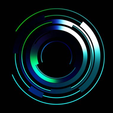 Gelecekçi hud arayüzü elementi. Soyut geometrik arkaplan. Dijital teknolojinin grafiksel çizimi siyah arkaplanda izole edildi..