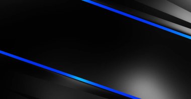 Metin için kopyalama alanı olan soyut siyah paneller. Üç boyutlu illüstrasyon. Renkli ışık özellikli koyu renk tasarım şablonu. Zarif geometrik parlak çizgili arka plan. Minimalist geometrik kapak grafiği.