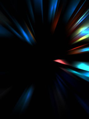 Siyah arkaplanda izole edilmiş dinamik ışık ışınları. Parlayan renkli ışık parçacıklarının grafiksel 2d çizimi.