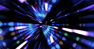 Siyah arkaplanda dönen ışık gösterisi. Lüks çizgiler. Parlak kıvrımlı duvar kağıdı. Uzay tüneli. Dönen ışık çemberi ya da maytap izi. Parlak konsept çizimi.