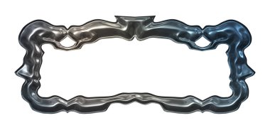 Üç boyutlu metalik illüstrasyon. Beyaz arka planda izole edilmiş fantezi çerçevesi. Davetiyeler, posterler, menü, hatıra defteri ve sunum için mükemmel. Metnin için şablon.