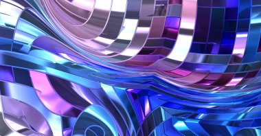 Metalik panel dokusunun 3 boyutlu çizimi. Renkli, parlak, soyut duvar kağıdı. Geometrik teknolojik parlak yansıtıcı arka plan. Yaratıcı parlak kavramsal arkaplan.