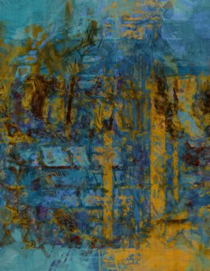 Kaotik resim. Taranmış Boyalı Soyut Arkaplan. Tuval üzerinde etkileyici fırçalanmış resim. Fırça darbesi ile boyanmış. Kaos duvarı sanatı. Sanatsal canlılık ve renkli duvar kağıdı.