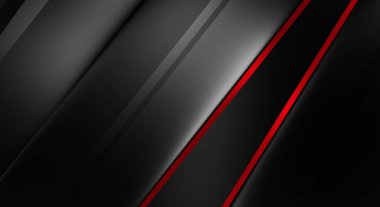 Metin için kopyalama alanı olan soyut siyah paneller. Üç boyutlu illüstrasyon. Renkli ışık özellikli koyu renk tasarım şablonu. Zarif geometrik parlak çizgili arka plan. Minimalist geometrik kapak grafiği.