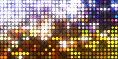 Parlak desenli duvar kağıdı. Sahne ışıkları olan renkli ışıkların ihtişamlı arkaplanı. Parlayan ışıklar siyah arka planda parti izleri. Sahne veya stadyum ışıklarının dijital illüstrasyonu. 