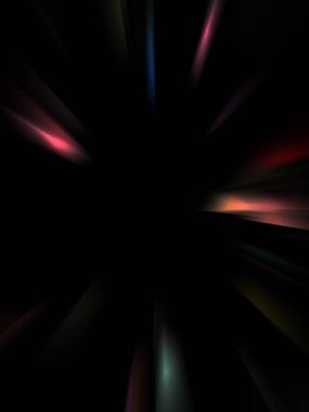 Siyah arkaplanda izole edilmiş dinamik ışık ışınları. Parlayan renkli ışık parçacıklarının grafiksel 2d çizimi.