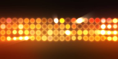 Parlak desenli duvar kağıdı. Sahne ışıkları olan renkli ışıkların ihtişamlı arkaplanı. Parlayan ışıklar siyah arka planda parti izleri. Sahne veya stadyum ışıklarının dijital illüstrasyonu. 