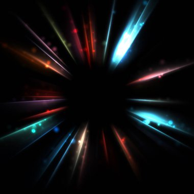 Işık huzmeleri ve parlayan parçacıkların kesiştiği güzel bir zemin. Canlı renkli ışıkların duvar kâğıdı. Parlak ışık görüntüsü.