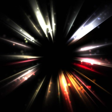 Işık huzmeleri ve parlayan parçacıkların kesiştiği güzel bir zemin. Canlı renkli ışıkların duvar kâğıdı. Parlak ışık görüntüsü.