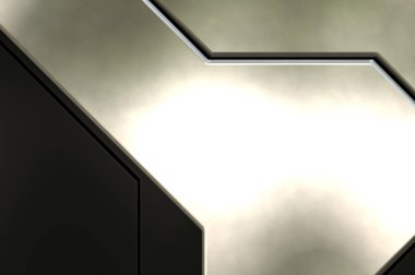 Üç boyutlu metalik doku. Uzay gemisi desenli yüzey. Aydınlık ve karanlık paneller. Fütürist soyut duvar kağıdı. Geometrik teknolojik yansıtıcı arkaplan.