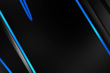 Metin için kopyalama alanı olan soyut siyah paneller. Üç boyutlu illüstrasyon. Renkli ışık özellikli koyu renk tasarım şablonu. Zarif geometrik parlak çizgili arka plan. Minimalist geometrik kapak grafiği.