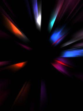 Siyah arkaplanda izole edilmiş dinamik ışık ışınları. Parlayan renkli ışık parçacıklarının grafiksel 2d çizimi.