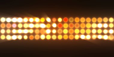 Parlak desenli duvar kağıdı. Sahne ışıkları olan renkli ışıkların ihtişamlı arkaplanı. Parlayan ışıklar siyah arka planda parti izleri. Sahne veya stadyum ışıklarının dijital illüstrasyonu. 