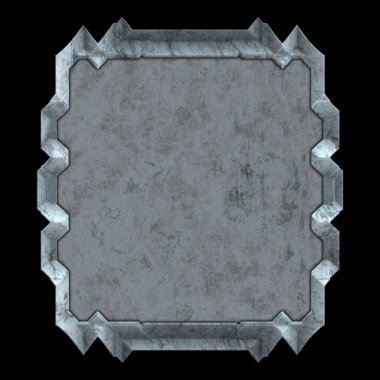 Gelecekçi tasarım şablonu. Metal paslı tabak menüsü. Teknoloji afişi beyaz arkaplanda izole edildi. Bilim kurgu elemanı grafiği. Metalik paslanmış 3 boyutlu illüstrasyon.  