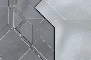 Katmanlı paneller. Fütürist soyut duvar kağıdı. Geometrik teknolojik yansıtıcı arka plan 3D metalik doku. Uzay gemisi desen yüzeyi.