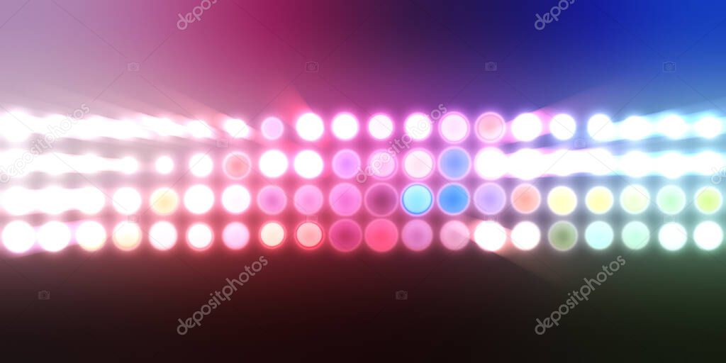 Glowing pattern wallpaper. Glamour background of colorful lights with spotlights. Shining lights party leds on black background. Digital illustration of stage or stadium spotlights. 