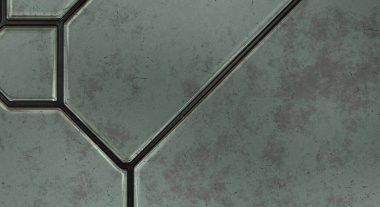 Gelecekçi kavramsal tasarım arka planı. Uzay gemisi desenli duvar kağıdı. Fırçalanmış teknoloji şablonu yüzeyi. Üç boyutlu illüstrasyon. SciFi panelleri duvar.