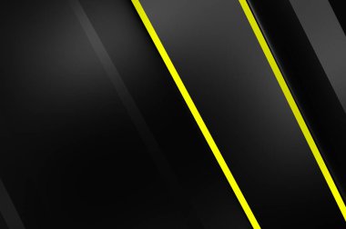 Metin için kopyalama alanı olan soyut siyah paneller. Üç boyutlu illüstrasyon. Renkli ışık özellikli koyu renk tasarım şablonu. Zarif geometrik parlak çizgili arka plan. Minimalist geometrik kapak grafiği.