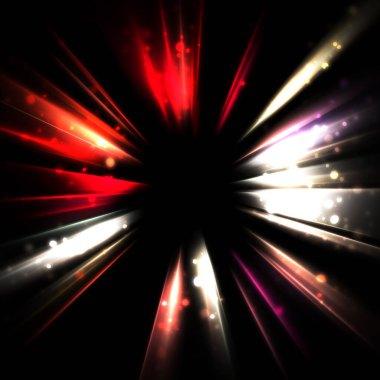 Işık huzmeleri ve parlayan parçacıkların kesiştiği güzel bir zemin. Canlı renkli ışıkların duvar kâğıdı. Parlak ışık görüntüsü.