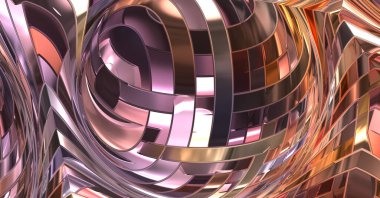 Metalik panel dokusunun 3 boyutlu çizimi. Renkli, parlak, soyut duvar kağıdı. Geometrik teknolojik parlak yansıtıcı arka plan. Yaratıcı parlak kavramsal arkaplan.