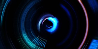 Fotoğraf makinesi konsepti. Soyut arkaplan. Dönen ışık ışınları. Hareketli kavramsal duvar kağıdı. Grafik dijital illüstrasyon. Parlayan neon ışıkları. Parlak sunum tasarım şablonu.