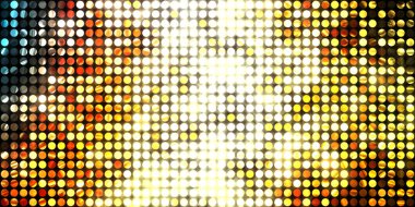 Parlayan ışıklar siyah arka planda parti izleri. Sahne veya stadyum ışıklarının dijital illüstrasyonu. Parlak desenli duvar kağıdı. Sahne ışıkları ile renkli ışıkların ihtişamlı arkaplanı.