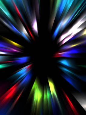 Siyah arkaplanda izole edilmiş dinamik ışık ışınları. Parlayan renkli ışık parçacıklarının grafiksel 2d çizimi.