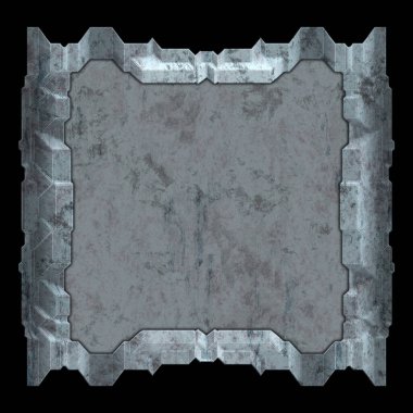 Gelecekçi tasarım şablonu. Metal paslı tabak menüsü. Teknoloji afişi beyaz arkaplanda izole edildi. Bilim kurgu elemanı grafiği. Metalik paslanmış 3 boyutlu illüstrasyon.  