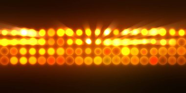 Parlak desenli duvar kağıdı. Sahne ışıkları olan renkli ışıkların ihtişamlı arkaplanı. Parlayan ışıklar siyah arka planda parti izleri. Sahne veya stadyum ışıklarının dijital illüstrasyonu. 