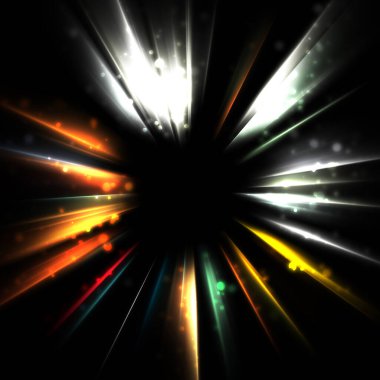 Işık huzmeleri ve parlayan parçacıkların kesiştiği güzel bir zemin. Canlı renkli ışıkların duvar kâğıdı. Parlak ışık görüntüsü.