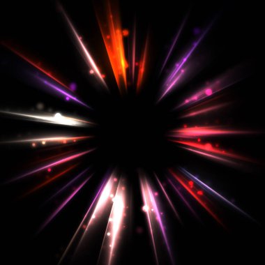Işık huzmeleri ve parlayan parçacıkların kesiştiği güzel bir zemin. Canlı renkli ışıkların duvar kâğıdı. Parlak ışık görüntüsü.