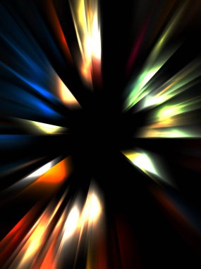 Siyah arkaplanda izole edilmiş dinamik ışık ışınları. Parlayan renkli ışık parçacıklarının grafiksel 2d çizimi.