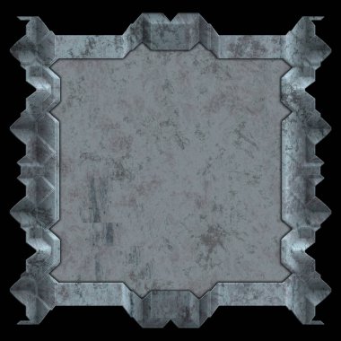 Gelecekçi tasarım şablonu. Metal paslı tabak menüsü. Teknoloji afişi beyaz arkaplanda izole edildi. Bilim kurgu elemanı grafiği. Metalik paslanmış 3 boyutlu illüstrasyon.  