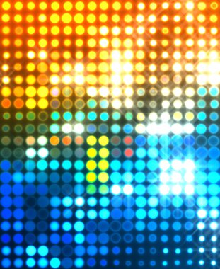 Parlak desenli duvar kağıdı. Sahne ışıkları olan renkli ışıkların ihtişamlı arkaplanı. Parlayan ışıklar siyah arka planda parti izleri. Sahne veya stadyum ışıklarının dijital illüstrasyonu. 