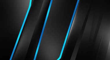 Metin için kopyalama alanı olan soyut siyah paneller. Üç boyutlu illüstrasyon. Renkli ışık özellikli koyu renk tasarım şablonu. Zarif geometrik parlak çizgili arka plan. Minimalist geometrik kapak grafiği.