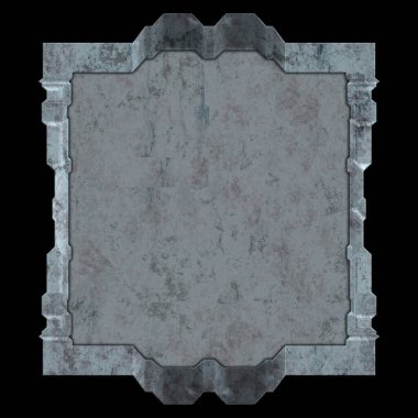 Gelecekçi tasarım şablonu. Metal paslı tabak menüsü. Teknoloji afişi beyaz arkaplanda izole edildi. Bilim kurgu elemanı grafiği. Metalik paslanmış 3 boyutlu illüstrasyon.  