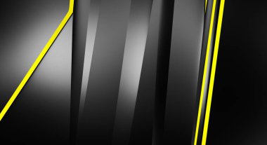 Metin için kopyalama alanı olan soyut siyah paneller. Üç boyutlu illüstrasyon. Renkli ışık özellikli koyu renk tasarım şablonu. Zarif geometrik parlak çizgili arka plan. Minimalist geometrik kapak grafiği.