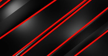 Metin için kopyalama alanı olan soyut siyah paneller. Üç boyutlu illüstrasyon. Renkli ışık özellikli koyu renk tasarım şablonu. Zarif geometrik parlak çizgili arka plan. Minimalist geometrik kapak grafiği.