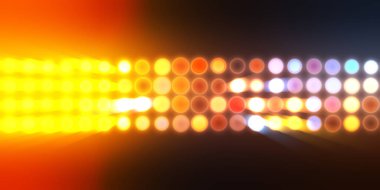 Parlak desenli duvar kağıdı. Sahne ışıkları olan renkli ışıkların ihtişamlı arkaplanı. Parlayan ışıklar siyah arka planda parti izleri. Sahne veya stadyum ışıklarının dijital illüstrasyonu. 