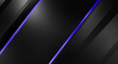 Metin için kopyalama alanı olan soyut siyah paneller. Üç boyutlu illüstrasyon. Renkli ışık özellikli koyu renk tasarım şablonu. Zarif geometrik parlak çizgili arka plan. Minimalist geometrik kapak grafiği.