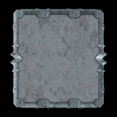 Gelecekçi tasarım şablonu. Metal paslı tabak menüsü. Teknoloji afişi beyaz arkaplanda izole edildi. Bilim kurgu elemanı grafiği. Metalik paslanmış 3 boyutlu illüstrasyon.  