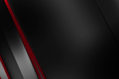 Metin için kopyalama alanı olan soyut siyah paneller. Üç boyutlu illüstrasyon. Renkli ışık özellikli koyu renk tasarım şablonu. Zarif geometrik parlak çizgili arka plan. Minimalist geometrik kapak grafiği.