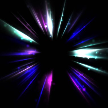 Işık huzmeleri ve parlayan parçacıkların kesiştiği güzel bir zemin. Canlı renkli ışıkların duvar kâğıdı. Parlak ışık görüntüsü.