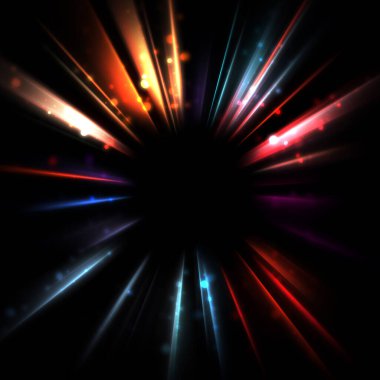 Işık huzmeleri ve parlayan parçacıkların kesiştiği güzel bir zemin. Canlı renkli ışıkların duvar kâğıdı. Parlak ışık görüntüsü.